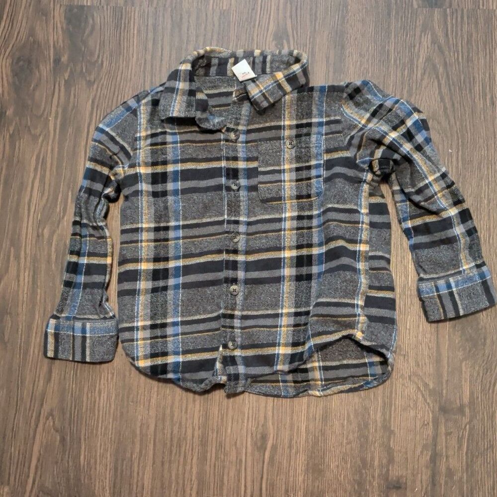 Old Navy Boys Size 5t Gray Black Yellow Blue Plaid button down long sleeve